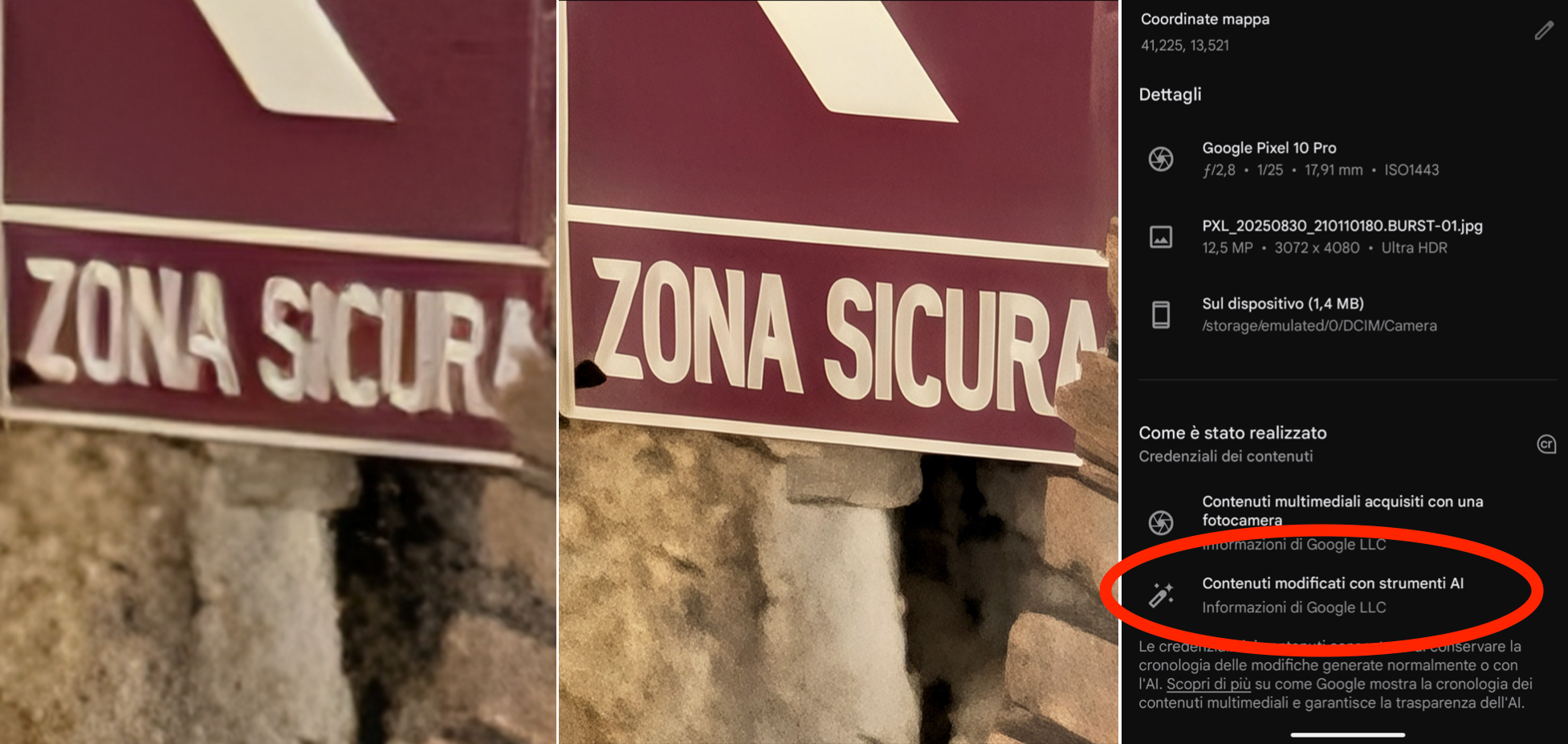 A sinistra un'immagine scattata a con zoom a 100X. Al centro, la medesima immagine rielaborata dall'AI del PIxel 10 Pro, in assenza di rete dati