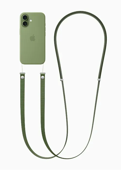 Apple iPhone 17 con custodia Magsafe in silicone verde con tracolla