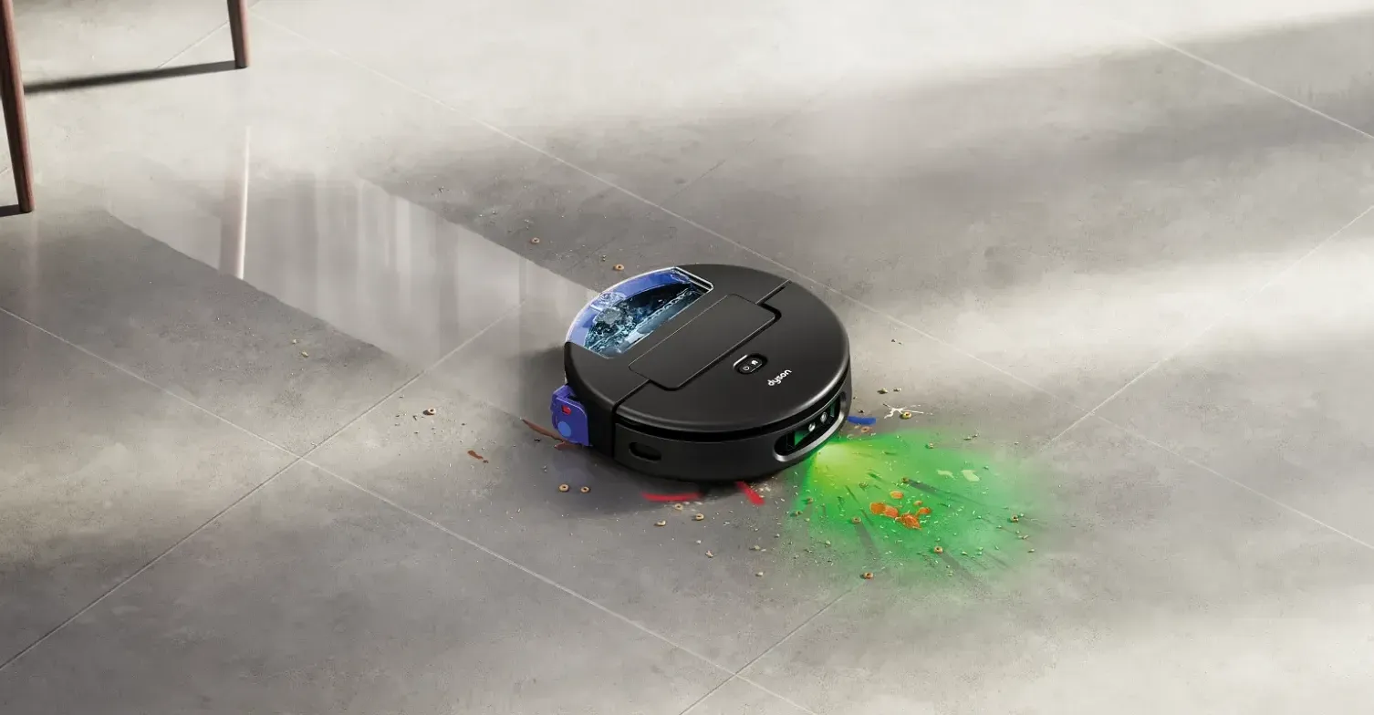 Il robot aspirapolvere Dyson Spot+Scrub Ai in azione con la luce led attivata