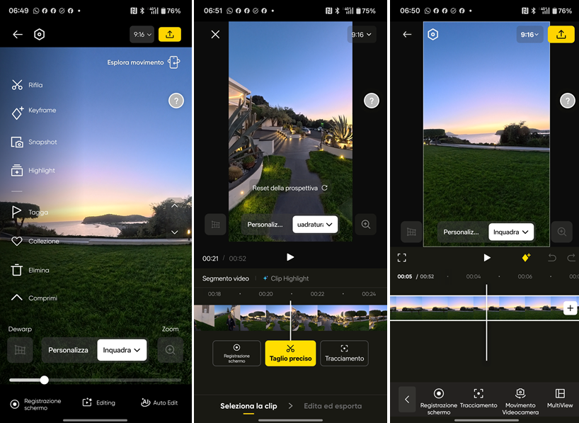 Screenshot App Insta360: le possibilità di editing in-app sono innumerevoli e possono essere gestite con semplicità dall'AI con un solo tocco