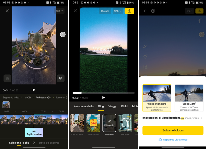 Screenshot App Insta360: l'editing AI (al centro) presenta già modelli preimpostati. Al termine dell'editing, l'App consente di esportare il video in formato 360 o standard