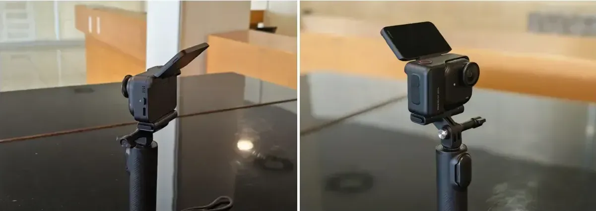 I due lati della Go Ultra: a sinistra, pulsante di sblocco sopra e ingresso usb-c sotto. A destra, pulsante accensione sopra e scatto rapido sotto