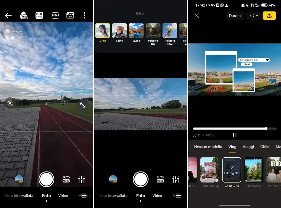 A sinistra: immagine video in 16:9. Al centro filtri disponibili per foto disponibili per foto e video. A destra: L'AI dell'App crea video in pochi secondi utilizzando le foto esistenti