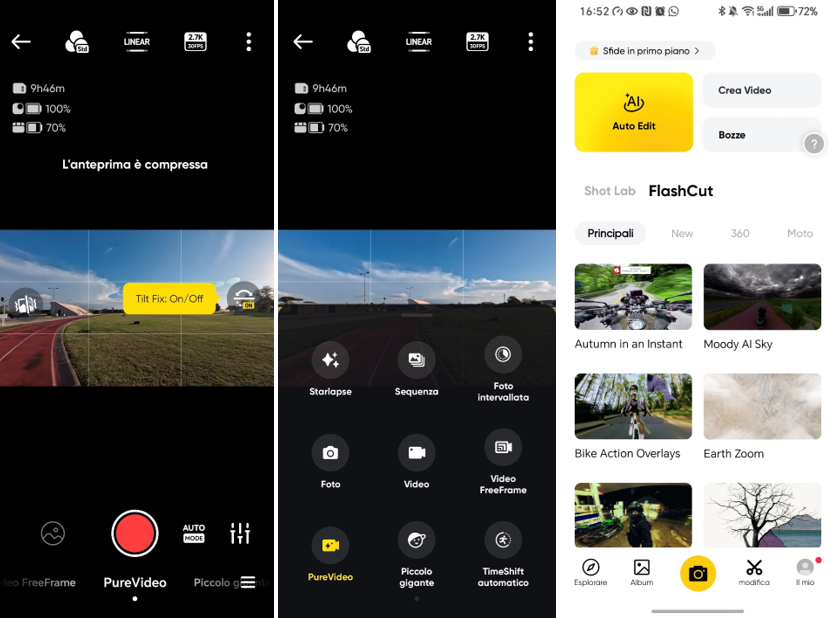 Screenshots dell'App ufficiale Insta360. La connessione è velocissima e le funzioni sono organizzate in modo molto intuitivo. Le modalità a disposizione soddisfano qualsiasi scenario