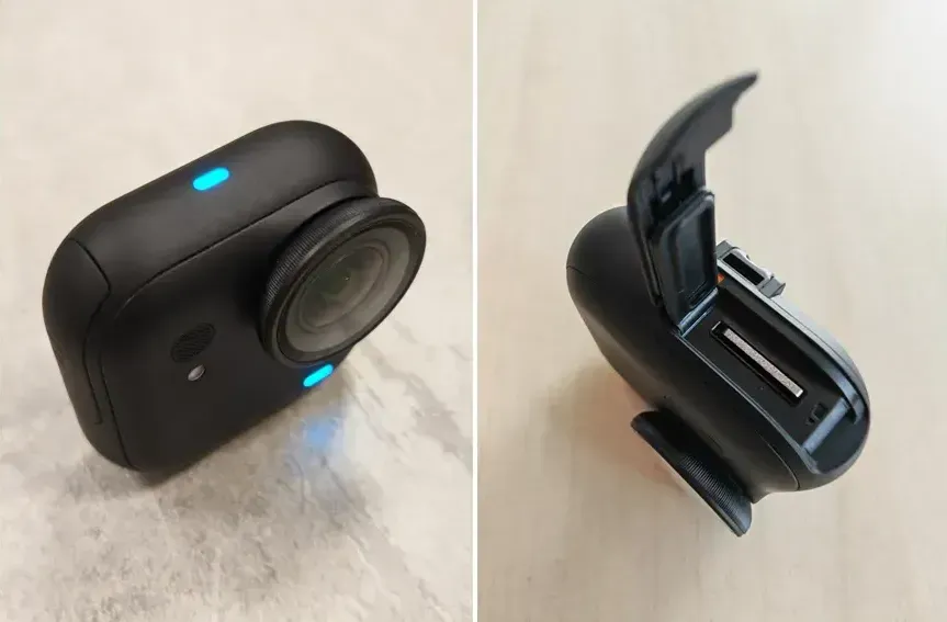 A sinistra: la videocamera standalone. A destra: l'alloggiamento della memory card