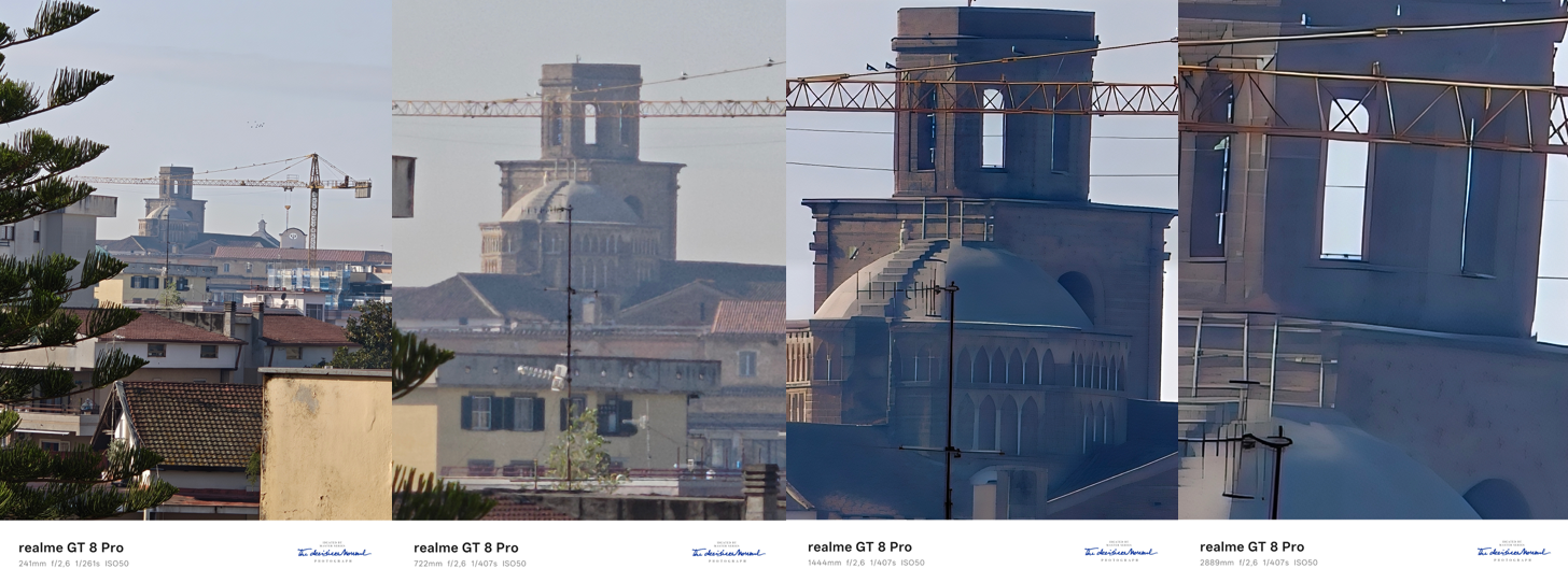 Da sinistra: la torre con zoom a 10X, 30X, 60X e 120X. In questo caso, fino a 30X i dettagli recuperati sono abbastanza buoni