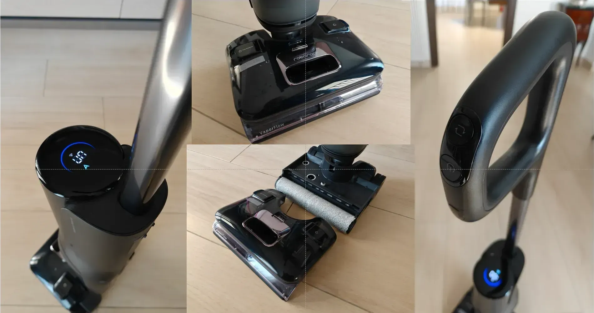 Alcuni dettagli del Roborock F25 Ultra: a sinistra il display a colori che mostra la modalità di funzionamento attiva ed altre informazioni. Centralmente il corpo macchina e a destra la maniglia con il pulsante di accensione e selezione delle modalità