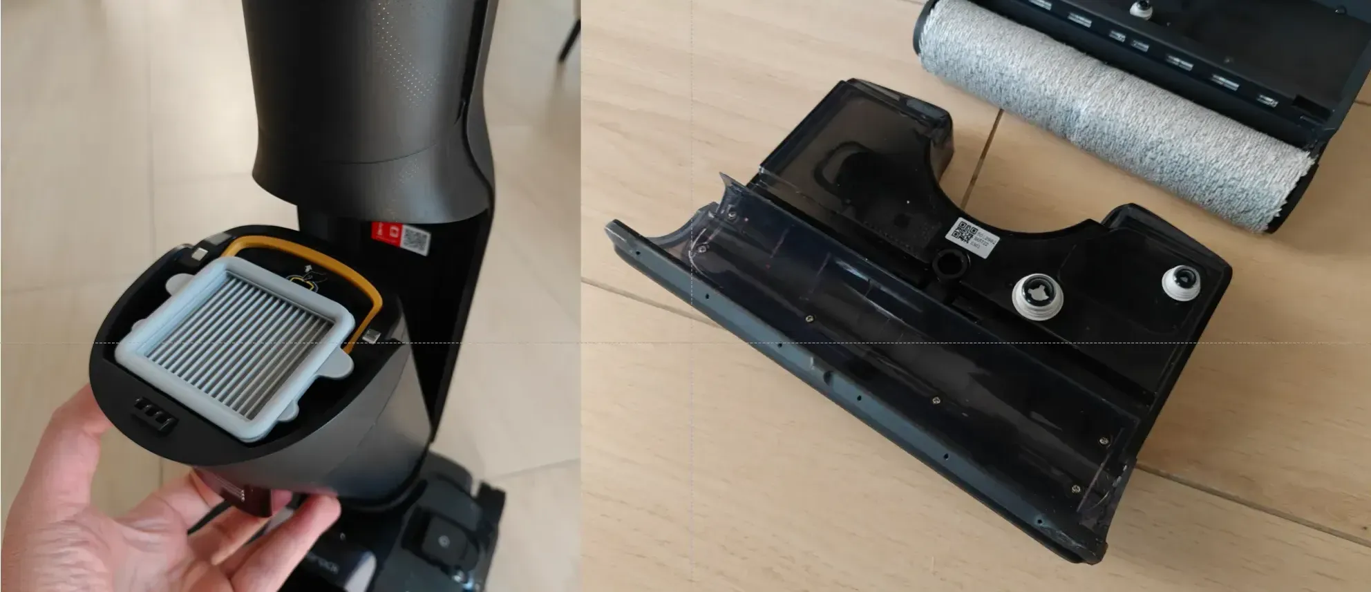 Il serbatoio dell'acqua sporca (a sinistra) si sgancia tramite la pratica leva posta frontalmente. A destra, il serbatoio dell'acqua pulita e della soluzione detergente posizionato sul corpo macchina centrale