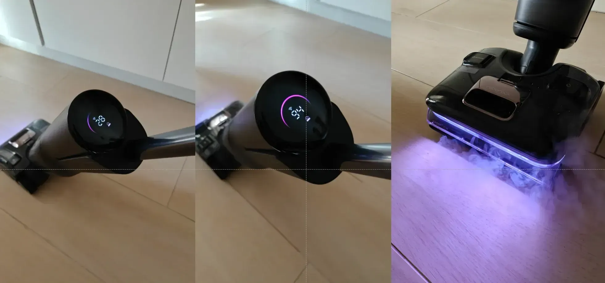 Da sinistra: il display segnala il graduale raggiungimento della temperatura di esercizio della modalità VaporFlow. A destra, il vapore fuoriesce dal corpo macchina centrale indica l'attivazione della specifica modalità