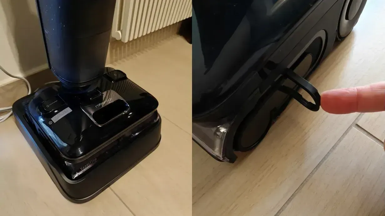 A sinistra: l'F25 Ultra nella sua base di ricarica e auto-pulizia. A destra: la levetta laterale che consente di rimuovere il rullo per lavarlo separatamente