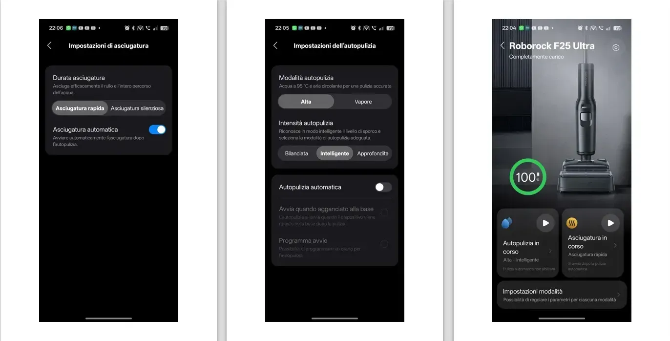 A sinistra: impostazioni asciugatura. Al centro: impostazioni di auto-pulizia. A destra: schermata home dell'App