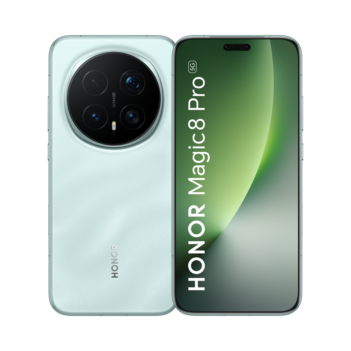 Fronte/retro dell'Honor Magic8 Pro nella colorazione Sky Cyan