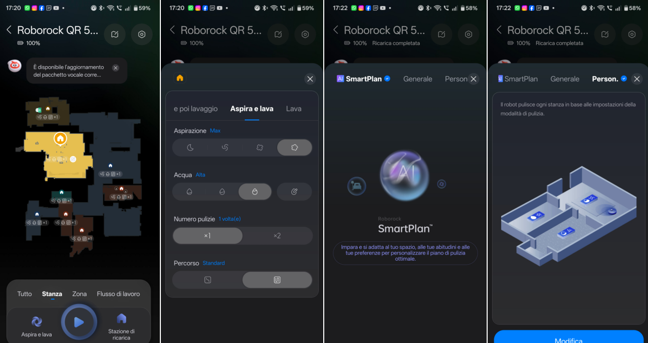 Tramite l'app possiamo selezionare diverse modalità di pulizia: per stanze, zone oppure affidando tutto all'intelligenza artificiale